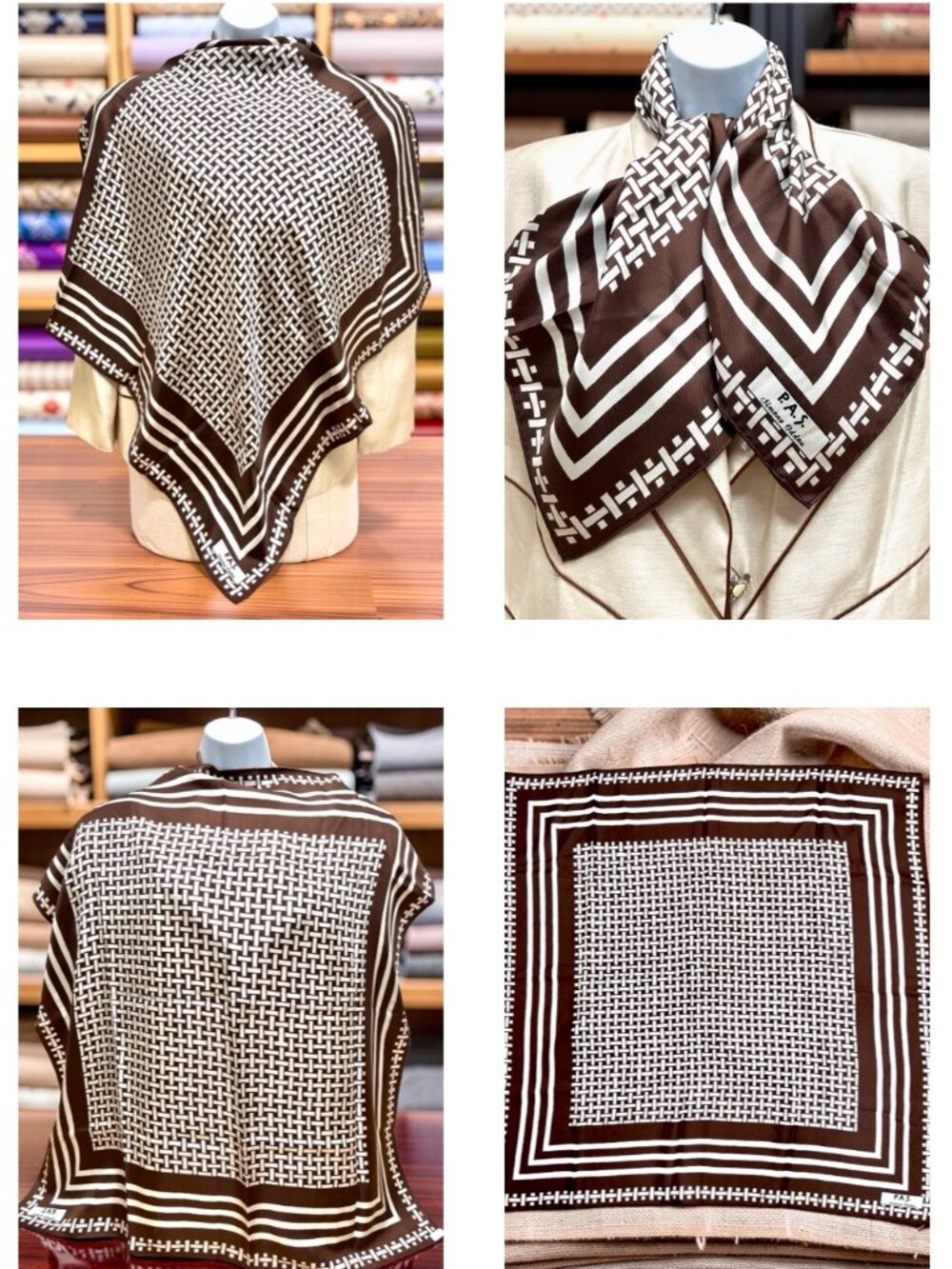 Vgt. Simone Oddou P.A.S 100% Silk Scarf 31" white brown geometric checj (5)